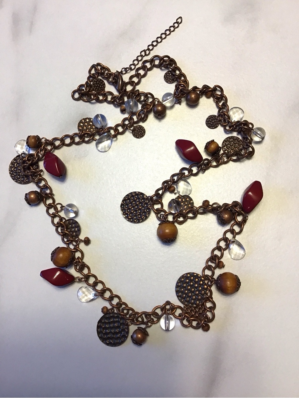 29” Copper Coloured Chain Necklace with Disc and Bead Charm Accents Boho